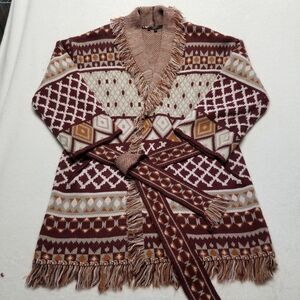 Maxsport Womens Medium Open Cardigan Belted Burgundy Long Line Aztec Fringe Boho